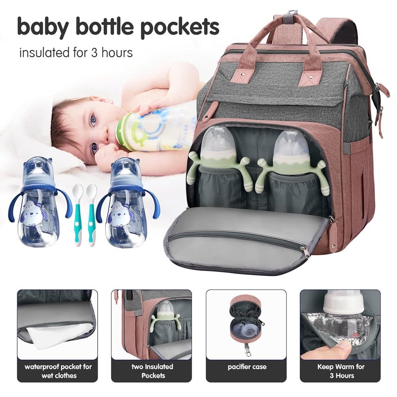 DERJUNSTAR Store Baby Diaper Bag Backpack, Diaper Changing Station, Baby Bags for Boys Girls,Waterproof Changing Pad,USB Charging Port,Pacifier Case, Sunshade and Toy Bar, Pale Pink - Image 3
